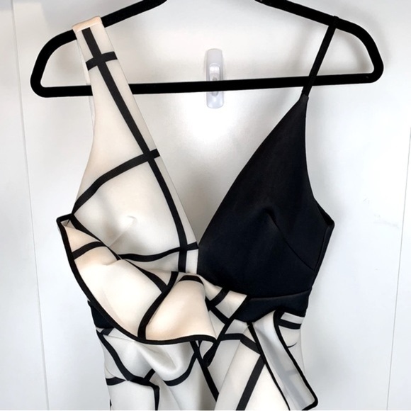 ASOS sz 2 Design Black White Ruffle Grid Check Waterfall Bodycon Midi Dress - Picture 3 of 10